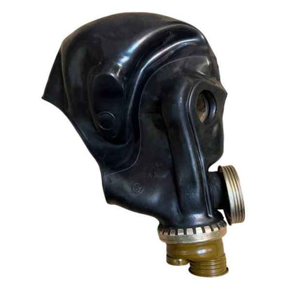 Original Soviet ShMS black gas mask front view showing round eyepieces and metal voice diaphragm.