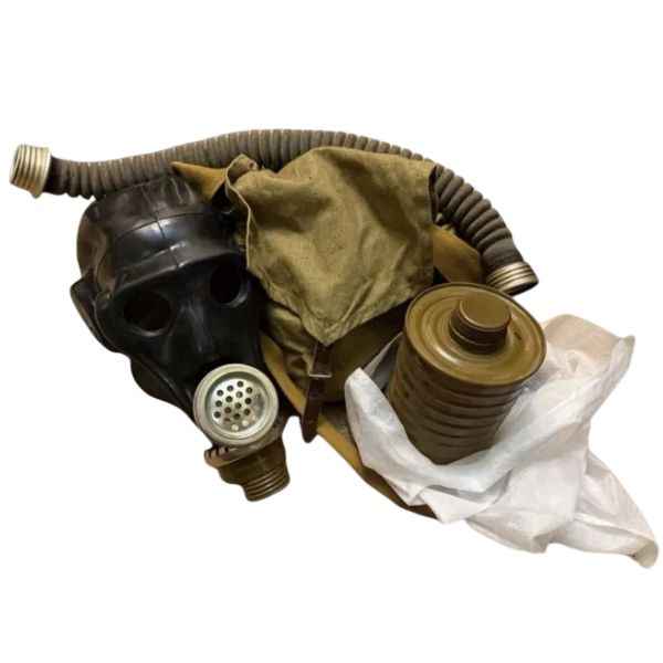 Original Soviet ShMS black gas mask full set with filter canister, breathing hose and military carrying bag.