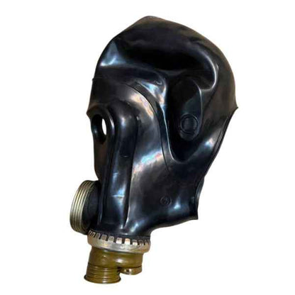 Vintage Soviet ShMS black military gas mask side profile with rubber facepiece and metal fittings.