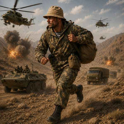 Soviet Spetsnaz Summer Recon Kit with KZS camouflage suit, Soviet panama hat, telnyashka shirt and military backpack inspired by Afghanistan War special forces gear