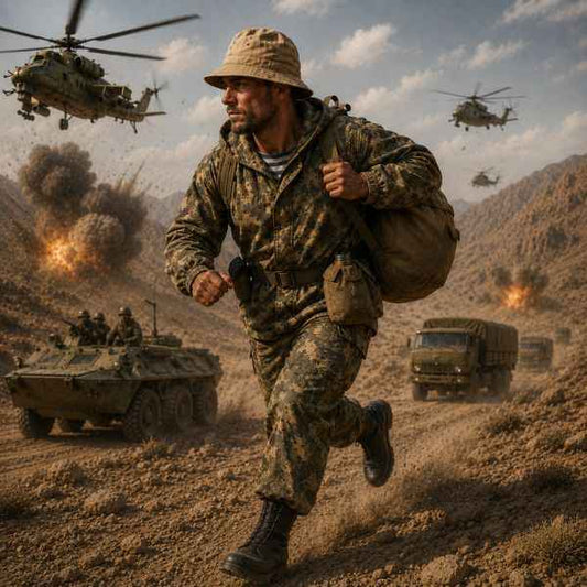 Soviet Spetsnaz Summer Recon Kit with KZS camouflage suit, Soviet panama hat, telnyashka shirt and military backpack inspired by Afghanistan War special forces gear