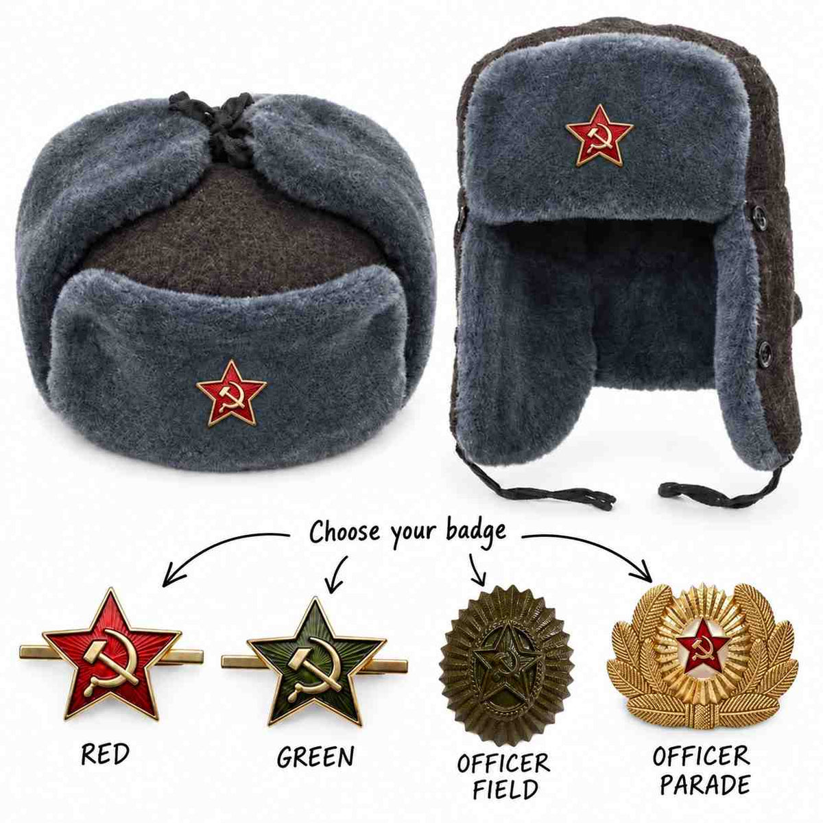 Two views of a grey Soviet ushanka with red star badges, with red star, green star, officer field and officer parade badge options below.