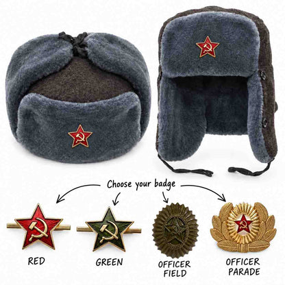 Two views of a grey Soviet ushanka with red star badges, with red star, green star, officer field and officer parade badge options below.