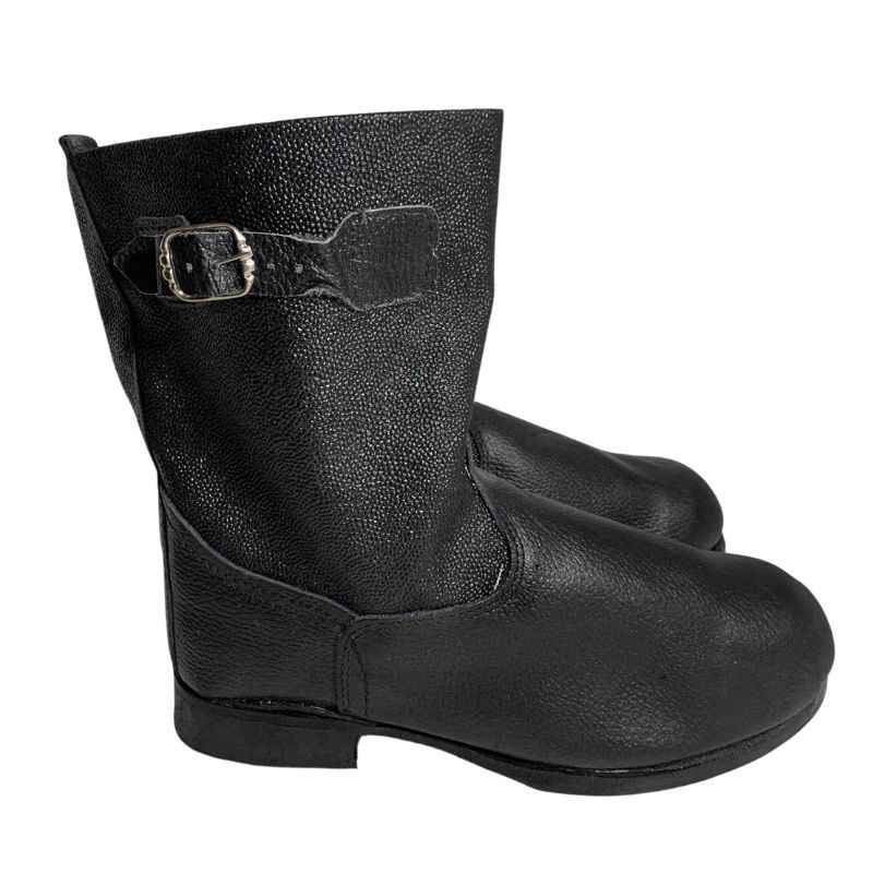 Pair of black Soviet VDV kirza boots in size 46 with adjustable buckle straps, shown on a white background.