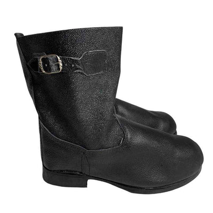 Pair of black Soviet VDV kirza boots in size 46 with adjustable buckle straps, shown on a white background.