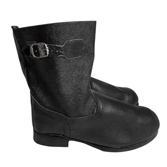 Pair of black Soviet VDV kirza boots in size 46 with adjustable buckle straps, shown on a white background.