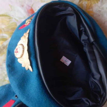 Original USSR paratrooper blue beret interior with black lining and factory label