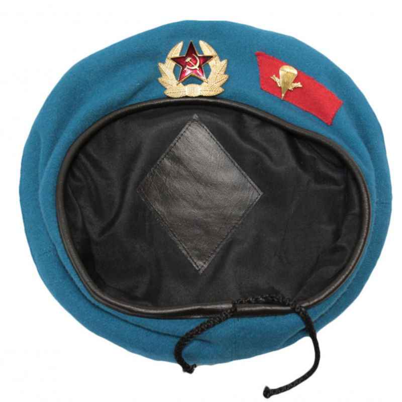 Interior view of USSR VDV blue beret with black lining and drawstring