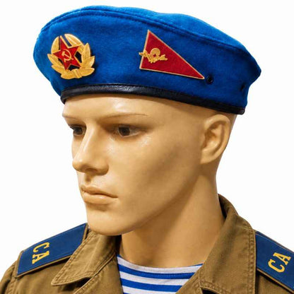 USSR VDV blue beret worn with Soviet paratrooper uniform and striped telnyashka