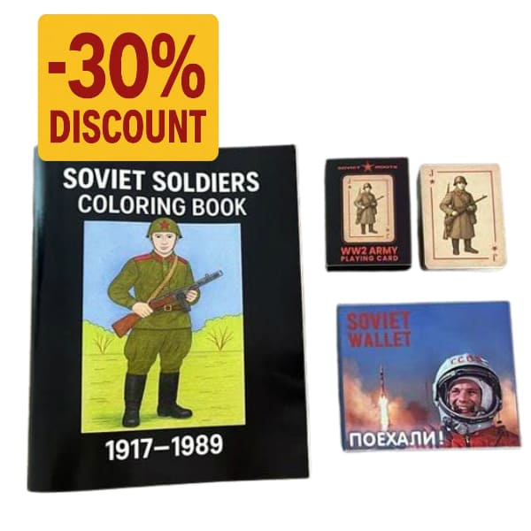 Soviet gift bundle with WW2 Army playing cards, Soviet Soldiers coloring book (1917–1989), and Yuri Gagarin leather wallet — collectible USSR memorabilia set.