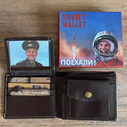 Yuri Gagarin Soviet vintage leather wallet with gift box featuring cosmonaut artwork and Poyekhali design
