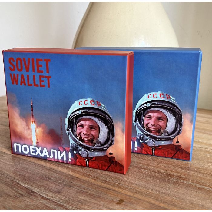 Yuri Gagarin Soviet wallet packaging with iconic “Poyekhali” design — USSR cosmonaut collectible gift box
