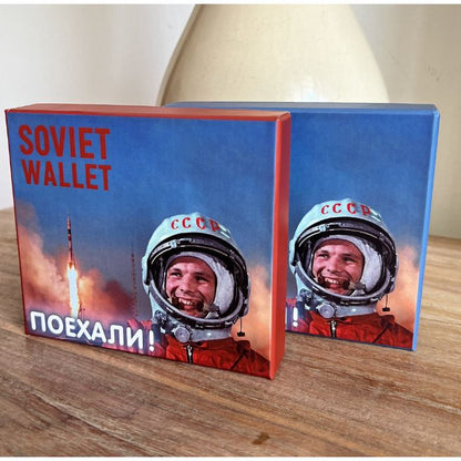 Yuri Gagarin Soviet wallet packaging with iconic “Poyekhali” design — USSR cosmonaut collectible gift box
